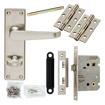 Door Handle & Bathroom Lock Pack Satin Chrome Victorian Flat Lever Backplate