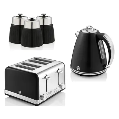 Swan Retro Black Jug Kettle Slice Toaster & Canisters Kitchen Set