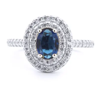 (J) Jewelco London Silver Rhodium CZ Set Oval Cluster Sapphire Blue Centre - ARN187B