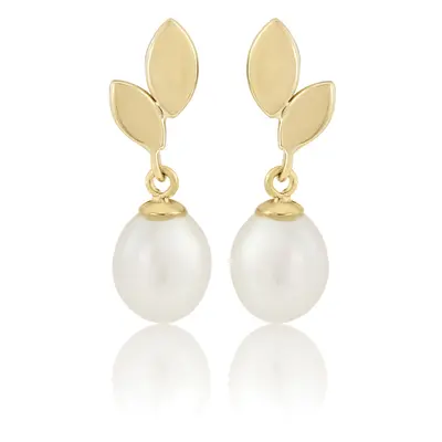 Jewelco London Ladies 9ct Yellow Gold Leaf Cultured Oval Pearl Drop Earrings 7mm - SENR02560