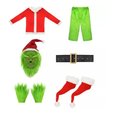 (Mask + Costume, M) The Grinch Costume Mask Cosplay Adult Santa Fancy Dress Outfit Birthday Part