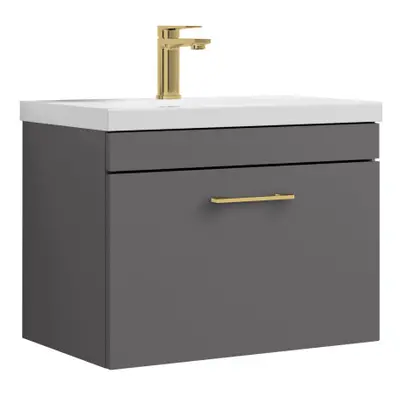 Rio Drawer Wall Hung Vanity Basin Unit - 600mm - Gloss Grey with Brushed Brass D Handle (Tap Not