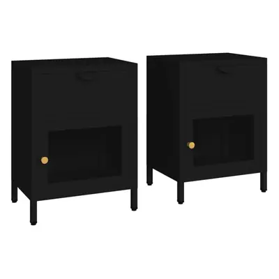 vidaXL 2x Nightstands Black Steel and Glass Bedside Storage Cabinet Side Table