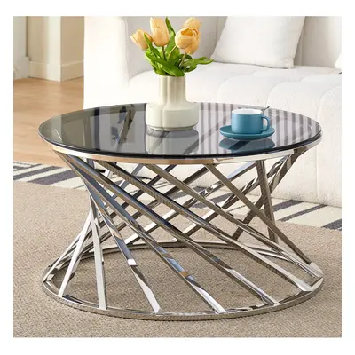 (Silver) Round Geometric Design Metal Coffee Table With Tinted Glass Tempered Top In Gold Or Sil