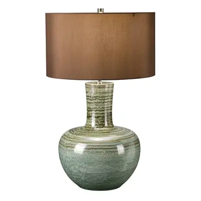 Table Lamp Brown Cylinder Shade Green Stripy Reactive Glaze LED E27 60W Bulb