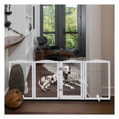 (White, Panels) Wooden Dog Gate Folding Pet Playpen Safety Fence Barrier with Walk Through Door