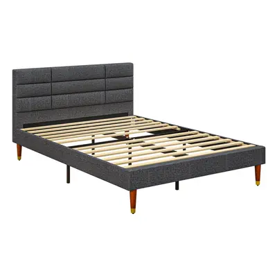 HOMCOM 4ft Upholstered Double Bed Frame w/ Wooden Slat No Box Spring Needed