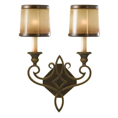 Twin Wall Light Iron Scroll Detail Glass Aged Oak Astral Bronze LED E14 60W