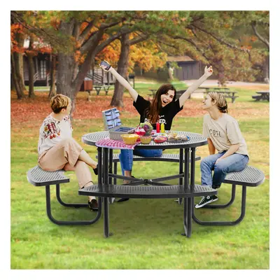 (Grey) BIRCHTREE Garden 46" Picnic Round Metal Table Benches Set Seater Yard Deck