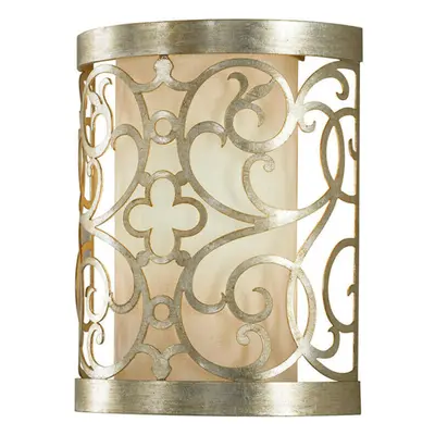 Wall Light Laser Cut Scrolls Ivory Linen Shade Silver Leaf Patina LED E14 60W