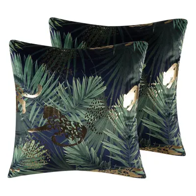 Set of Velvet Cushions Leaf Pattern x cm Green BELLEROSE