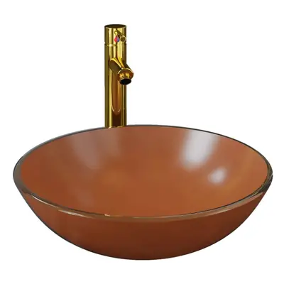 vidaXL Bathroom Sink with Tap and Push Drain Brown Tempered Glass Wash Basin