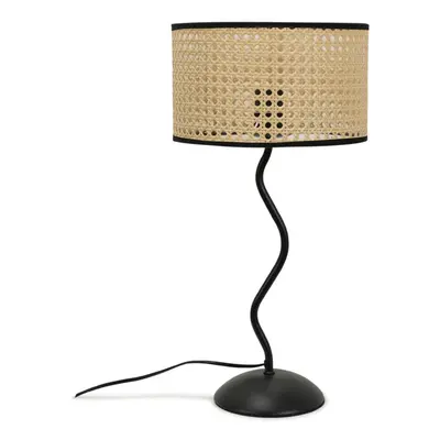 Black Wavy Table Lamp Natural Cane Wicker Rattan Shade Light + LED