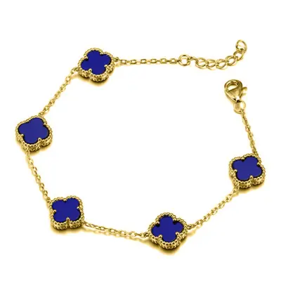 Jewelco London 14k Gold-plated Silver Blue Clover Agate Bead Edge Lucky Charm Station Bracelet 7