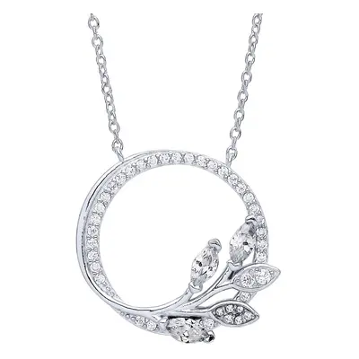 Jewelco London Ladies Sterling Silver Marquise CZ Olive Leaf Branch Circle of Life Lavalier Neck