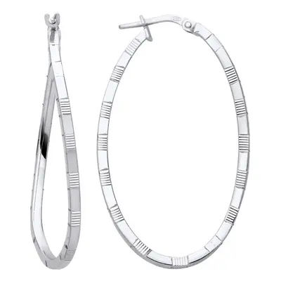 Jewelco London Ladies Rhodium Plated Sterling Silver Diamond-cut Brick Road Wavy Oval Hoop Earri