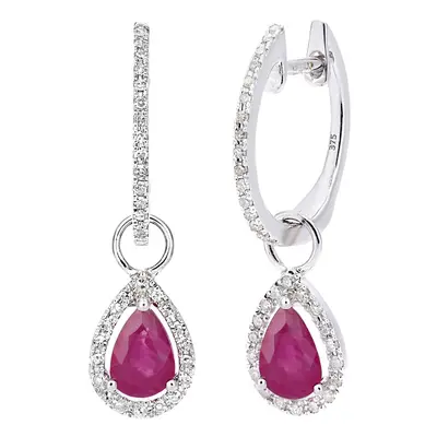 Jewelco London 9ct White Gold Round 20pts Diamond Pear 1ct Ruby Teardrop Drop Earrings - DE1AXL6