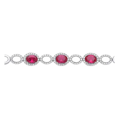 Jewelco London Ladies Sterling Silver Ruby-Red Oval Cubic zirconia Halo Cluster Tennis Bracelet 