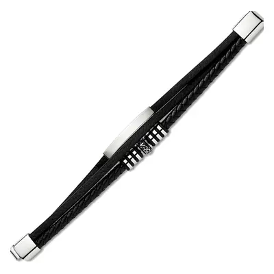 Jewelco London Mens Rhodium Plated Stainless Steel Black Leather ID Bracelet 13mm 8.5 inch - BRC