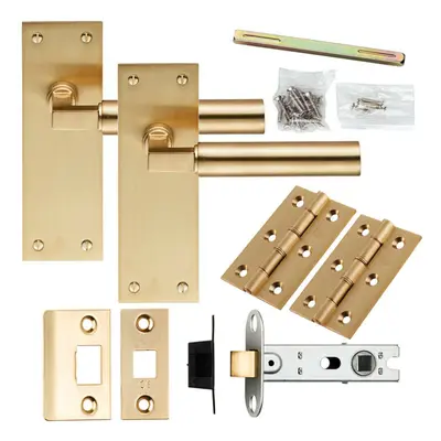 Door Handle & Latch Pack Satin Brass Straight Round Bar Lever Slim Backplate