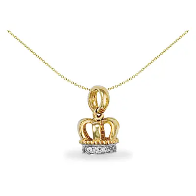 Jewelco London Solid 9ct Yellow Gold White Round Cubic Zirconia Bejewelled Crown Charm Pendant -