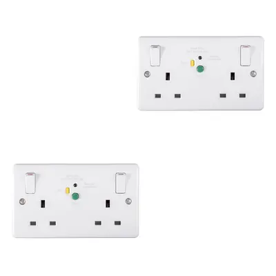 2 PACK Gang Double 13A Swithed UK Plug Socket - 30mA Passive RCD WHITE Outlet