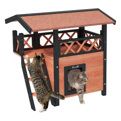 PawHut Outdoor Cat House w/ Balcony Stairs Roof, Brown