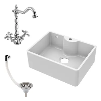 595mm - Fireclay Butler Kitchen Sink - Tap Ledge, Overflow, Classic Tap & Waste