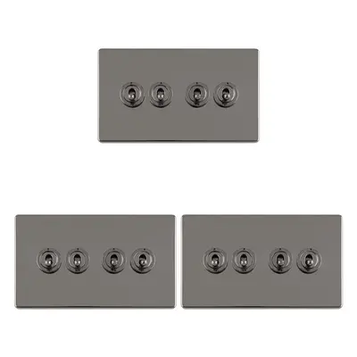 3 PACK Gang Quad Retro Toggle Light Switch SCREWLESS BLACK NICKEL 10A Way