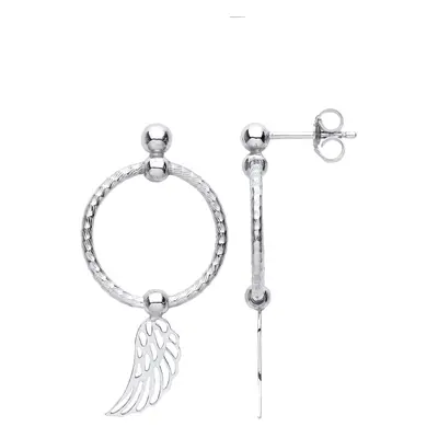 Jewelco London Ladies Platinum Plated Sterling Silver Angel Dove Wing Bead Barked Hoop Drop Earr