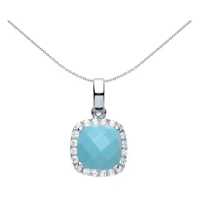 Jewelco London Ladies Sterling Silver Aqua Square Cushion Turquoise Solitaire Halo Charm Necklac