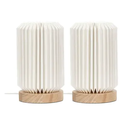 Pair of - Wooden Base Table Lamps White Paper Fold Shade Light + LEDs