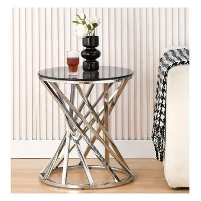 (Silver) Round Geometric Design Metal Side Table With Tinted Glass Tempered Top In Gold Or Silve