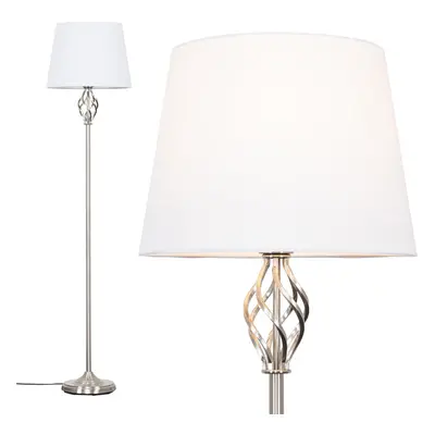 Traditional Style Satin Nickel Barley Twist Floor Lamp with a White Tapered Light Shade