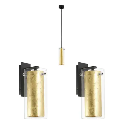 Ceiling Pendant Light & 2x Matching Wall Lights Clear Glass & Gold Shade Lamp