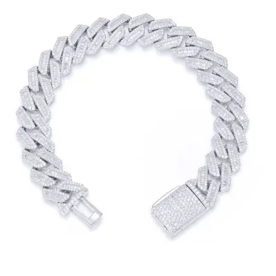 Jewelco London Men's Rhodium Silver White Baguette CZ Encrusted Square Curb 12mm Chain Bracelet 