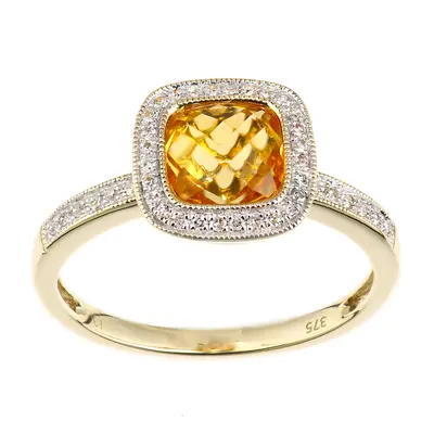 (K) Jewelco London 9ct Yellow Gold Cushion Citrine and Diamond Halo Ring