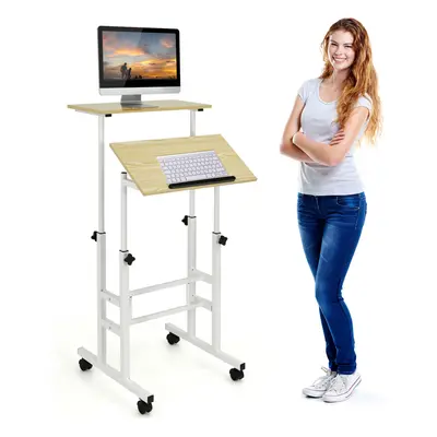 2-Tier Adjustable Desk Mobile Sit Stand Desk w/ Metal Frame Natural