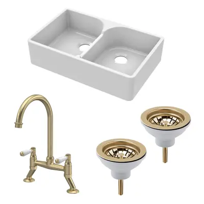 Fireclay Kitchen Bundle - Double Bowl Stepped Weir Butler Sink, Wastes & Bridge Lever Tap, 795mm