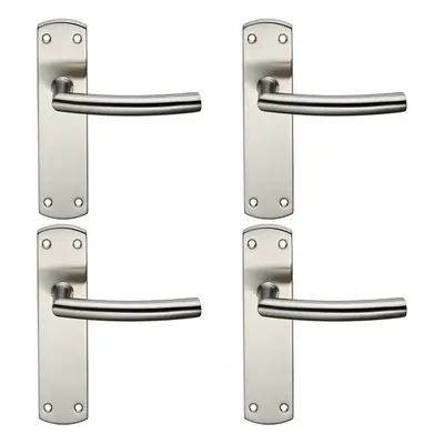 4x Curved Bar Lever Door Handle on Latch Backplate x 44mm Satin Steel