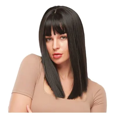 Black Medium Length Straight Hair Natural Shawl Breathable Bangs Synthetic Wigs