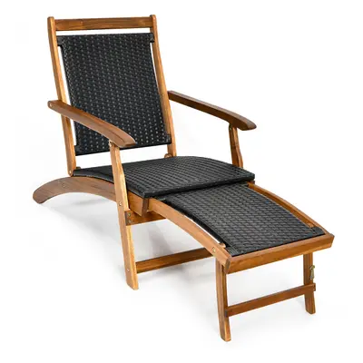 Folding Lounge Chair Outdoor Wicker Chaise Deck Chair W/ Footrest