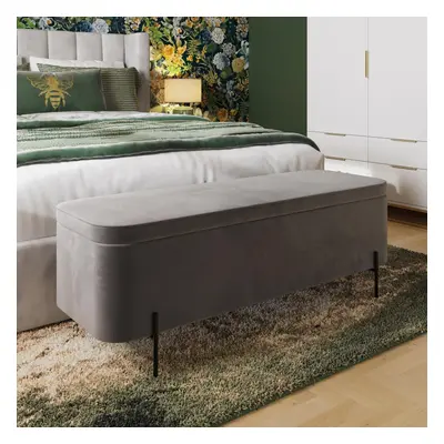 Grey Velvet Ottoman Storage Bench Box Black Metal Legs