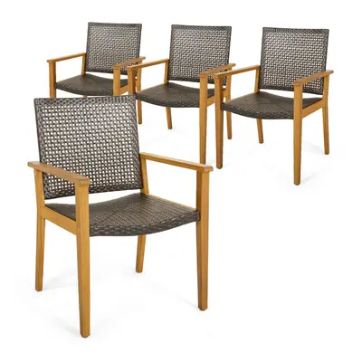 Patio Dining Chair Set of Acacia Wood & PE Wicker Chairs w/ Armrests