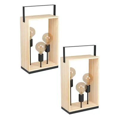 2 PACK Table Lamp Desk Light Black & Natural Steel & Wood Box 3x 40W E27