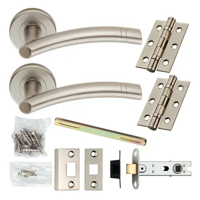 Door Handle & Latch Pack Satin Chrome Arched Ring Lever Screwless Round Rose