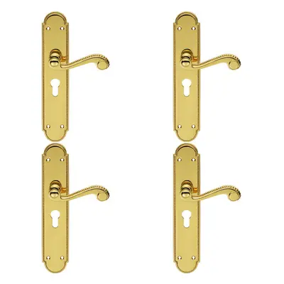 4x PAIR Beaded Pattern Handle on Euro Lock Backplate x 50mm Polished Brass