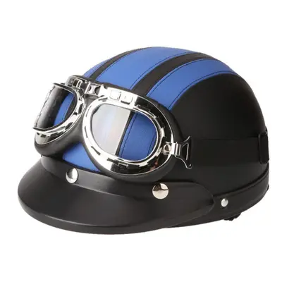 (Blue) Motorcycle Scooter Open Face Half Leather Helmet with Visor UV Goggles Retro Vintage Styl