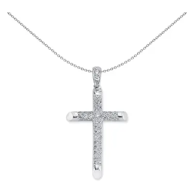 Jewelco London Rhodium Plated Sterling Silver Round Cubic Zirconia Row Pave Cross Pendant Neckla