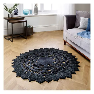 (Black, Circle : x 120cm) % Jute Round Circle Mat Rug Eco Friendly Handmade Brown Beige Black La